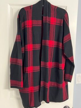 J. Jill Black and Red Plaid Open Cardigan Blazer
